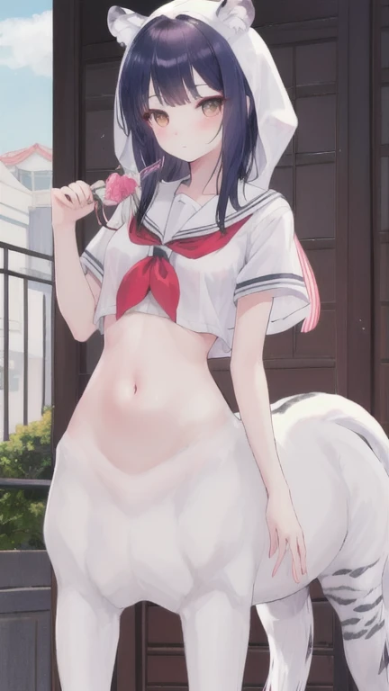 (best quality, masterpiece), 1 girl, centaur, I beg, White skin, Korean schoolgirl,black pink, exposing the abdomen, beautiful girl perfect, White tiger photo, 완벽한 White tiger photo