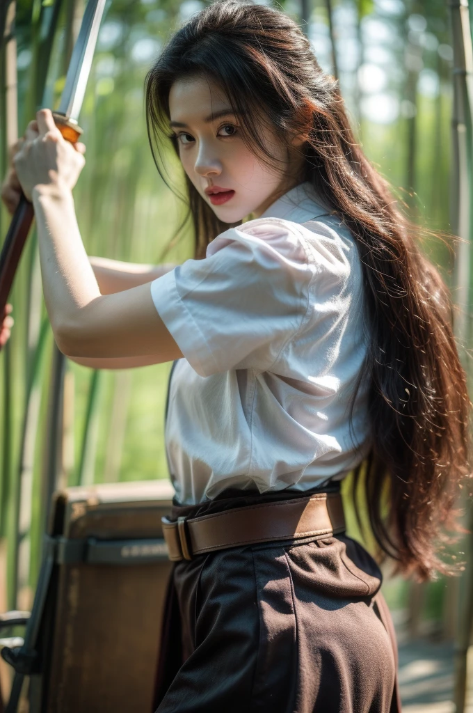 In the middle of bamboo forest:1.4, looking at viewer, holding sword:1.4, blade to side,strike pose:1.4,blade down,blade right hand:1.4,(masterpiece, best quality, high quality, highres, ultra-detailed),thai university uniform, white short-sleeve button up shirt:1.2, black tight torn mini skirt:1.2, brown suede belt, silver shirt buttons, silver plate canvas modern belt buckle, white sneakers, upper body shot, black straight messy long hair, depth of field, motion blur, selective focus, slim and perfect figure, perfect body proportions, cinematic lighting, dynamic pose, 1girl, solo, cut the bamboo:1.4