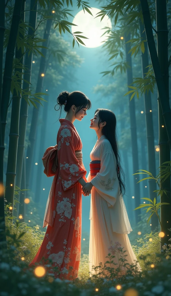 Bamboo Forest,Moonlight, woman in kimono,Two girls kissing