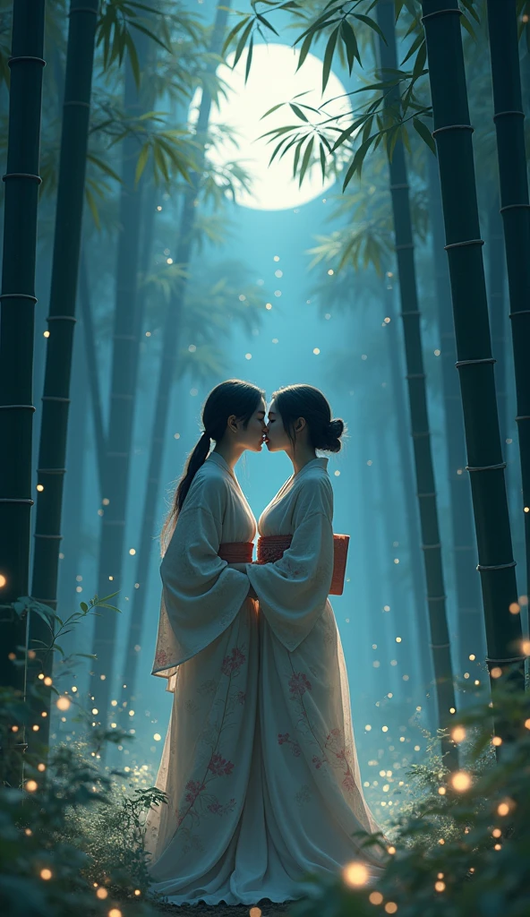 Bamboo Forest,Moonlight, woman in kimono,Two girls kissing