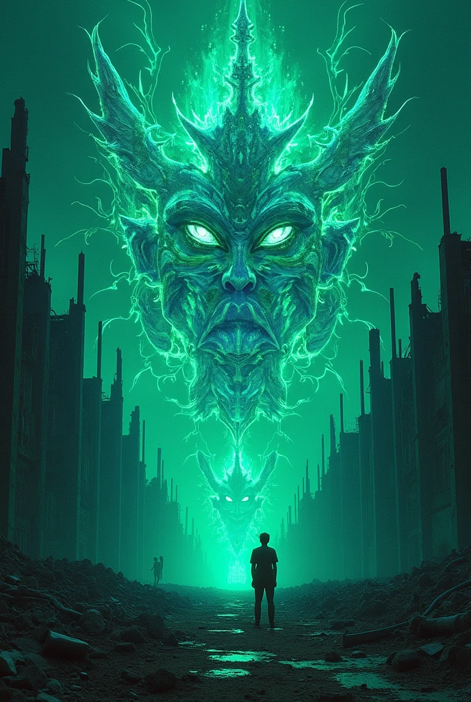 The forgotten gods, with their sharp eyes, have begun a terrorist campaign of destruction with the aim of eradicating war! Commemorative photo of a colorful fractal psychedelic world and her journey in the space of complex geometric shapes. The color scheme is a vivid, novel and very advanced combination, Holographic VFX Shapes Dazzle with Light and Motion. The background is the ruins of Ukraine.