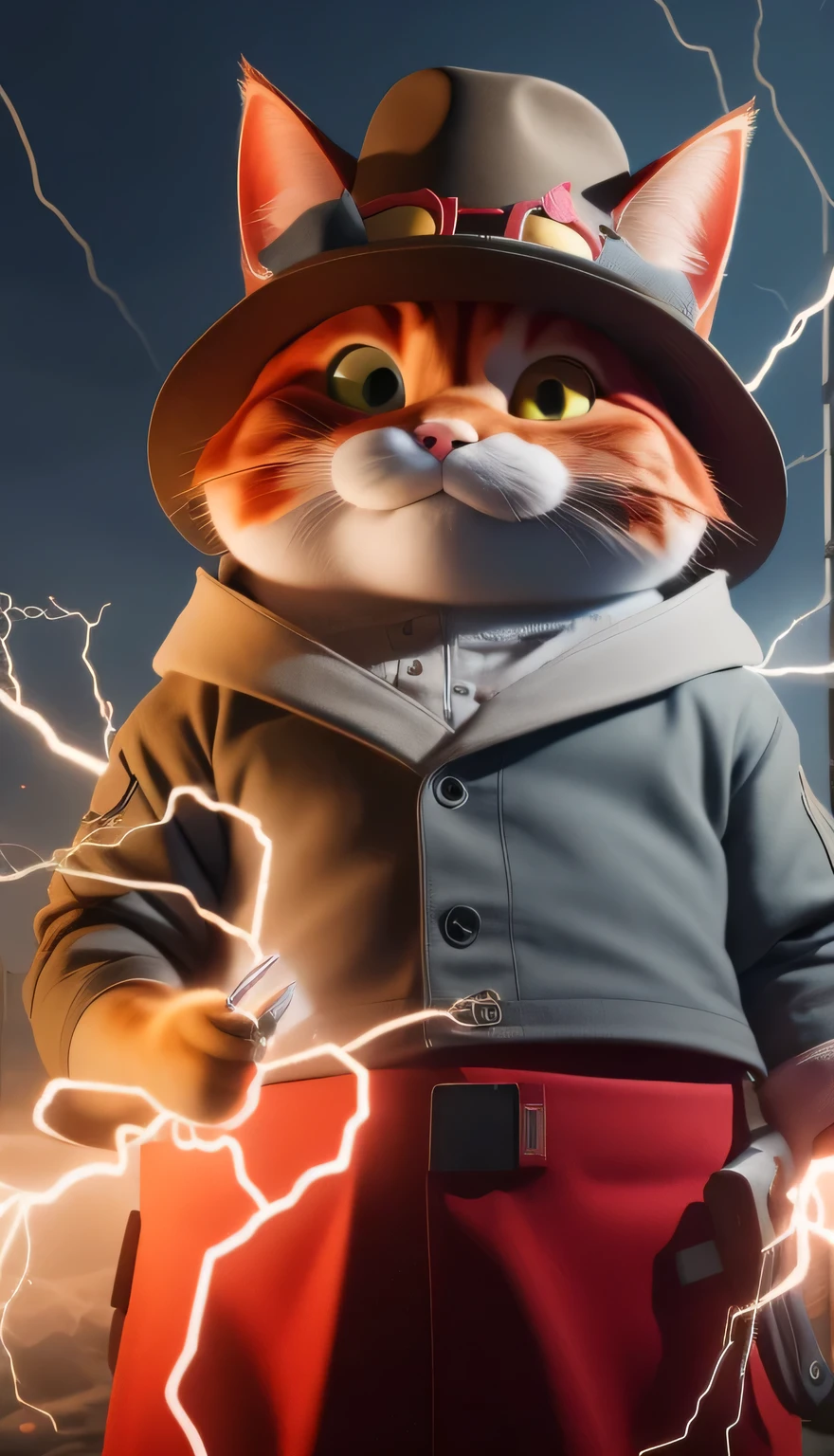 The red cat and the hat., electricity, look at viewer