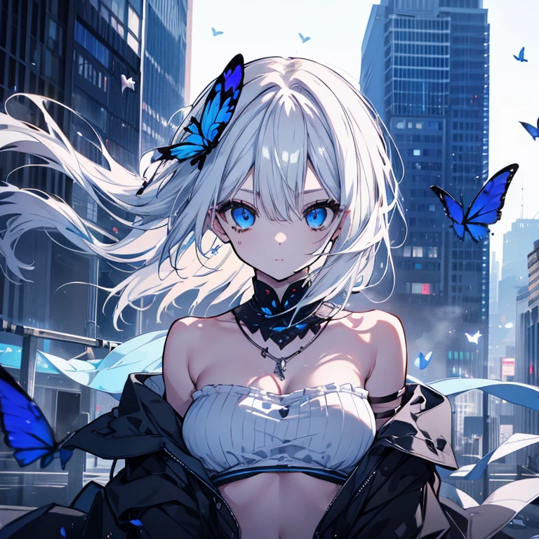 1 person、Mature、Ample breasts、White Hair、Long Hair、Blue Eyes、White skin、Black Dress、Shoulder Bare、Belly button、Hair blowing in the wind、falling、Falling from the roof、Falling body、Suicide by jumping、Assassin、Blood splatter、Blood splatter、Ruined City、Downtown、Night view、A troubled look、necklace、bracelet、Blue Butterfly、High resolution、Highest quality
