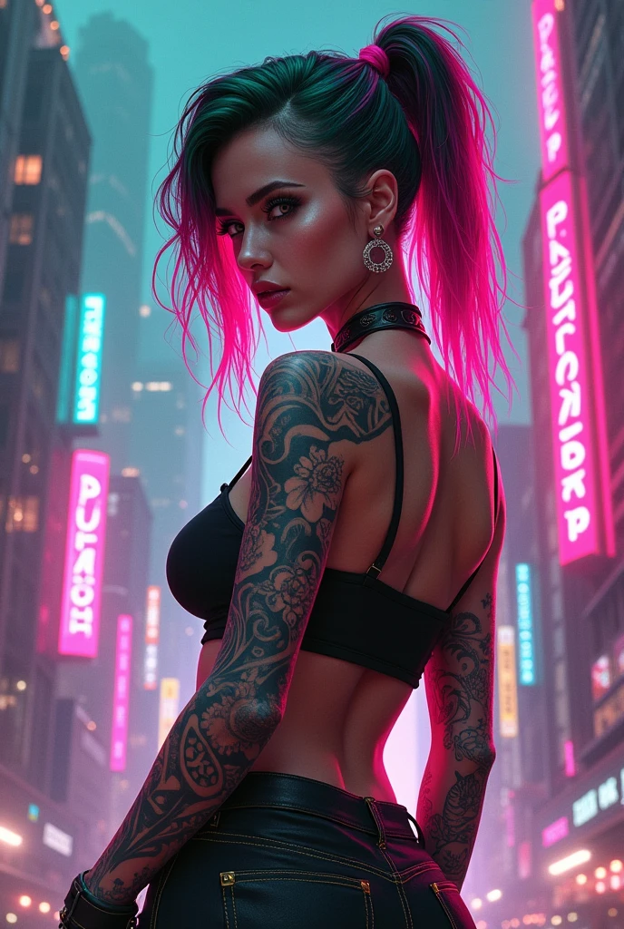 Attractive woman, voluptuous woman, transgender woman, many tattoos on her body, dark green and pink multicolored hair, short hair cut on the side, futuristic cyberpunk style in the background, 2D DRAWING, 2D ART