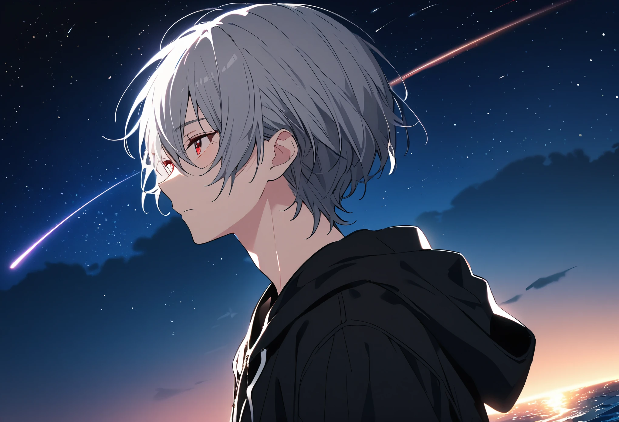 good looking, alone, 1 male, Gray Hair, Red eyes, Black Shirt, Black and white hooded, noon, White Light,cute目,Short hairstyle,cute,Falling from the sky,Beautiful night sky,Many Stars,shooting star,summer,Ocean,Glittering scenery,bright