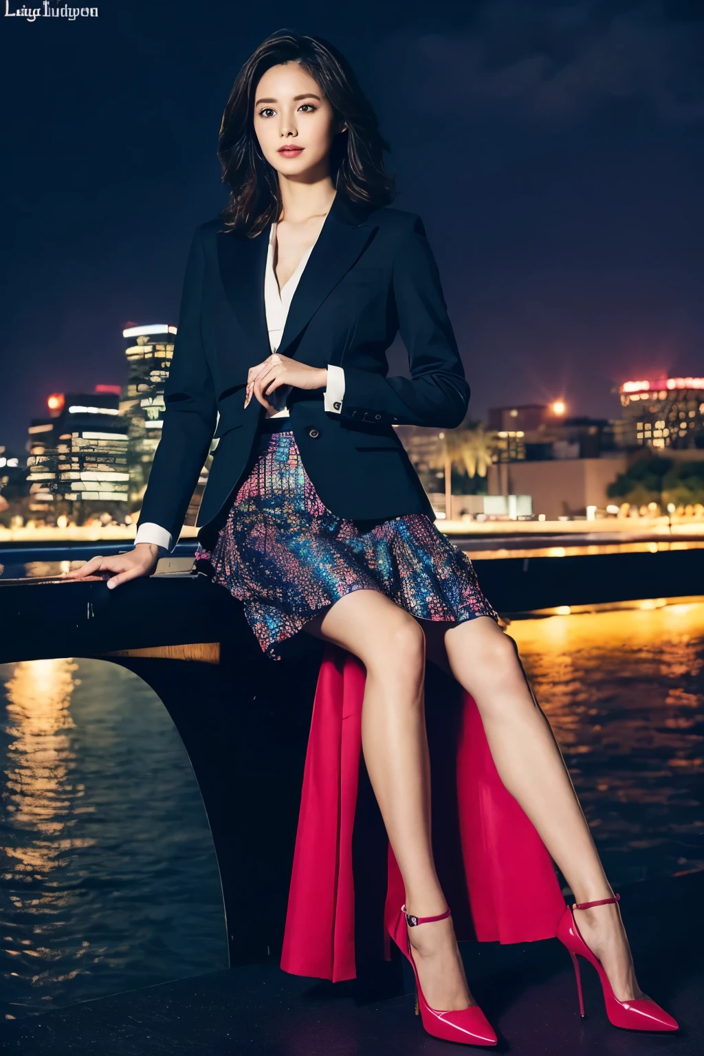 blazer、Business Blouse、(Colorful long skirt:1.3)、(Highest quality、Ultra-high resolution、masterpiece)、(Full Body Portrait)、silk pantyhose、(Sitting、Both legs and high heels look beautiful.)、1 girl、(Perfect Anatomy, Perfect body, Perfect hands, Perfect Face, Perfect Eyes, Accurate, Anatomically correct), Perfectly clear and sharp focus, Mid-chest、Modern architecture at night on the background、Professional Lighting