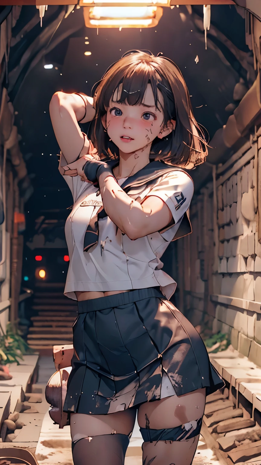 nsfw,Highest quality、8k.RAW Photos、real world、 (blush, fear, Are crying),Black short bob、 (Paste Torture:1.5), (Tight clothing, Short sleeve, mini skirt, Sailor suit), (underground室内, underground:1.5), Perfect body, Detailed face, Detailed eyes, whole body、