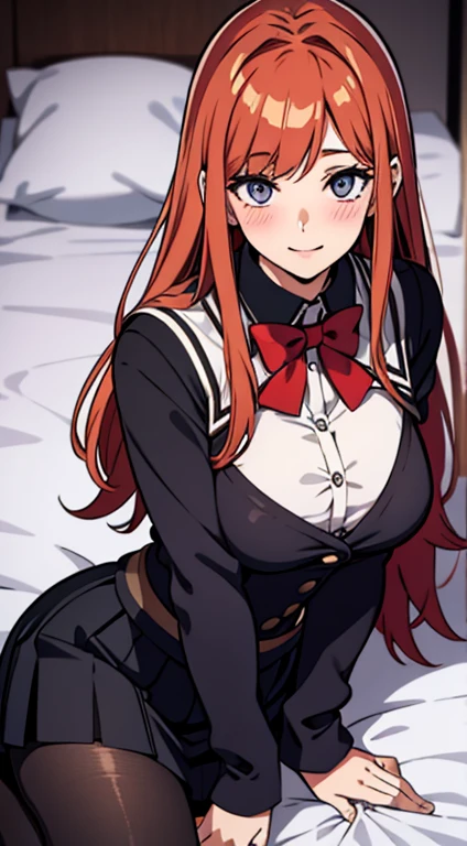 elysia, long ginger hair, beautiful face,smiling,close up upper body, ,pantyhose, school girl, moderate breast, black tights, skirt, (open mouth:0.4),illustration,detailed textures(realists),ultra-detailed,vivid colors,soft lighting, blushing, mature, no bras, full body, sexy, blushed, lying on bed, she leans in
