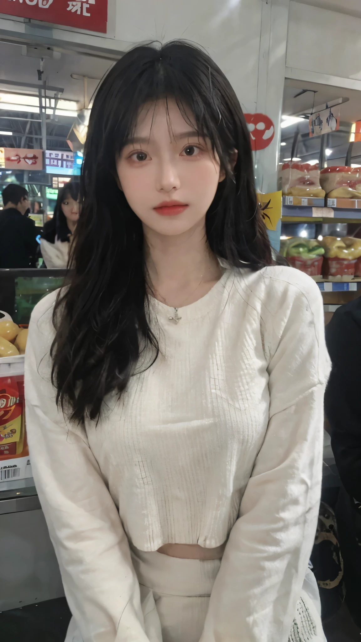 Best quality，Ultra-high resolution,(Realism:1.4)，Cute hairpins，girll,Cropped black sweater，Look directly at the audience，Full of atmosphere，Beautiful woman with a slim figure:1.4，supermarket，whole body，Super delicate face，Exquisite eyes，Double eyelids，necklace