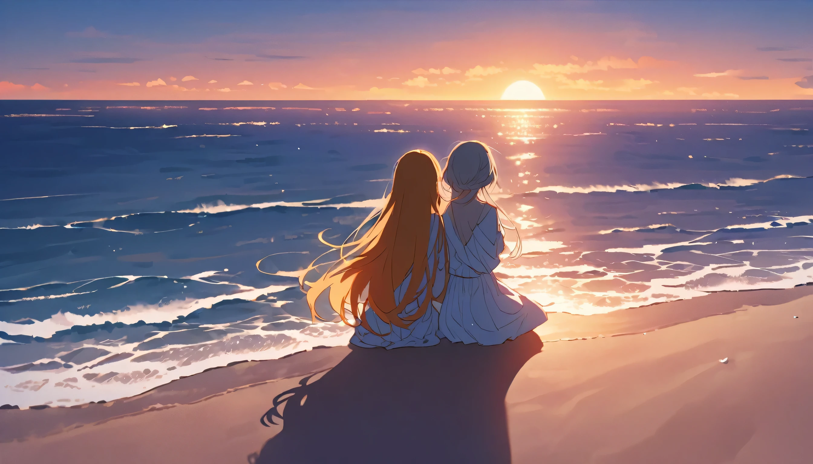 A teenage girl character with grey hair, glowing red eyes, long hair and a mole under her left eye. The other female character has golden hair, glowing blue eyes and short hair. They are sitting with their backs to each other on the beach at sunset. The sky is a mix of orange and purple, a shade that evokes sadness. They are looking in different directions, conveying a subtle sense of distance between them. The ocean waves are gently lapping, and the distant horizon slowly begins to darken. Though they are holding hands, a shadow stretches between them, expressing the distance in their hearts.