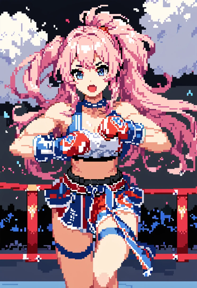 masterpiece, Highest quality, 8k, Pixel art, Pixel art, Vivid, Muay Thai Fighter, Killer Panda Break Sheep, young woman, Open your mouth, Fluffy hair, Long Hair, Hair like sheep's hair, Pink Hair, eyebrow, 太いeyebrow, I'm rooting for you