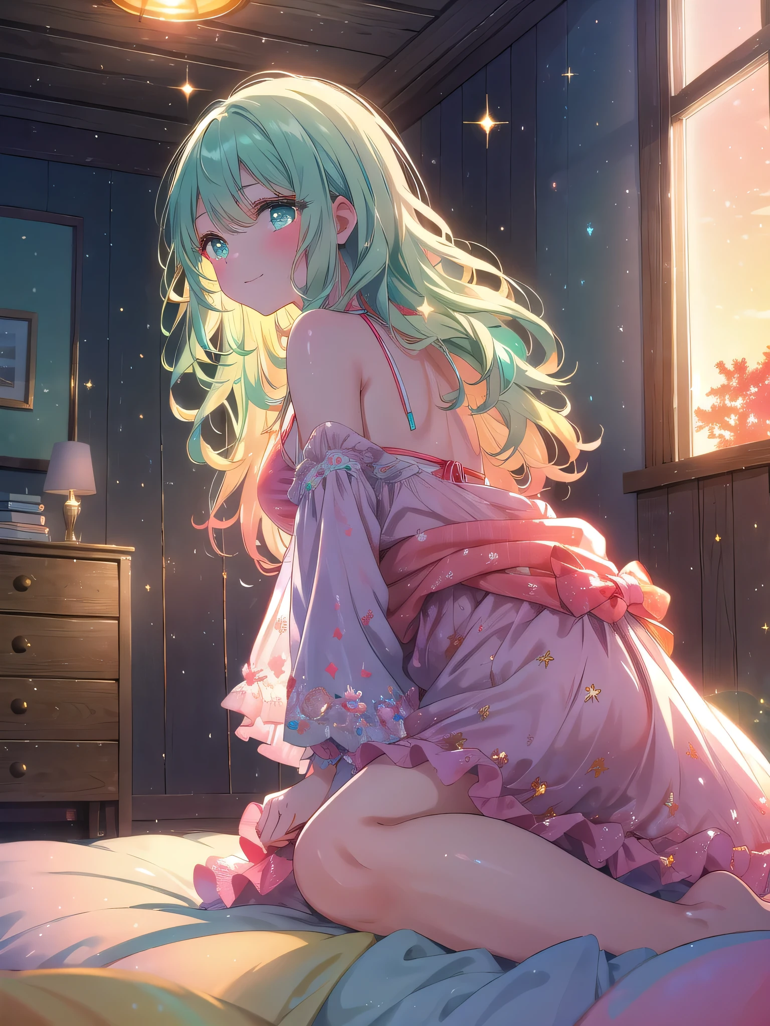 ((8k, Highest quality, masterpiece: 1.3)),Ultra-high resolution,(1 girl, alone), (Color changing eyes, Ultra-detailed, Expressive brilliance, Glitter, Glowing Eyes), Highly detailed eyes, Highly detailed face, Random Hair, ((pastel colour)),A joyful young woman with pastel mint-green hair styled into loose waves, sitting cross-legged on the floor of her softly lit bedroom during a golden sunset. She is wearing a soft coral bikini that glows in the warm light. The camera captures her from a frontal angle as she leans slightly forward, her hands resting on her knees, with a bright, genuine smile on her face. As she shifts into another pose, she lies back on the floor, her arms stretched out to her sides, her legs slightly bent, gazing up at the ceiling with a contented expression. The room is warmly lit by the setting sun, with a cozy, inviting atmosphere created by soft, neutral tones and comfortable furnishings.