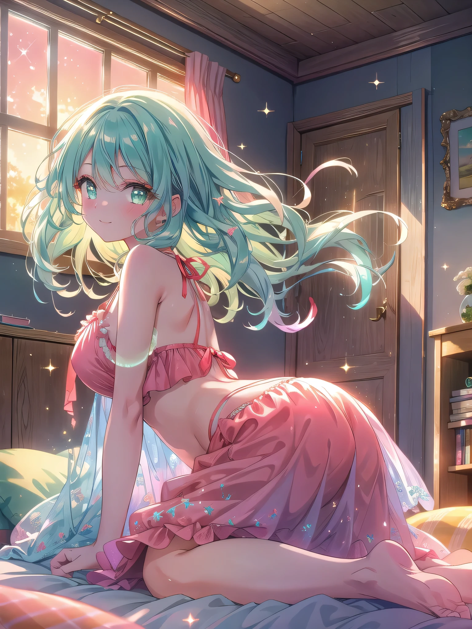 ((8k, Highest quality, masterpiece: 1.3)),Ultra-high resolution,(1 girl, alone), (Color changing eyes, Ultra-detailed, Expressive brilliance, Glitter, Glowing Eyes), Highly detailed eyes, Highly detailed face, Random Hair, ((pastel colour)),A joyful young woman with pastel mint-green hair styled into loose waves, sitting cross-legged on the floor of her softly lit bedroom during a golden sunset. She is wearing a soft coral bikini that glows in the warm light. The camera captures her from a frontal angle as she leans slightly forward, her hands resting on her knees, with a bright, genuine smile on her face. As she shifts into another pose, she lies back on the floor, her arms stretched out to her sides, her legs slightly bent, gazing up at the ceiling with a contented expression. The room is warmly lit by the setting sun, with a cozy, inviting atmosphere created by soft, neutral tones and comfortable furnishings.