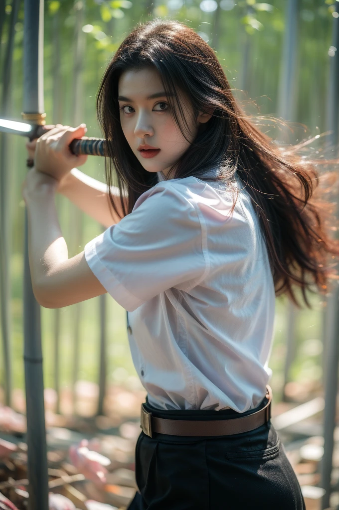 In the middle of bamboo forest:1.4, looking at viewer, holding sword:1.4, blade to side,strike pose:1.4,blade down,blade right hand:1.4,(masterpiece, best quality, high quality, highres, ultra-detailed),thai university uniform, white short-sleeve button up shirt:1.2, black tight torn mini skirt:1.2, brown suede belt, silver shirt buttons, silver plate canvas modern belt buckle, upper body shot, black straight messy long hair, depth of field, motion blur, selective focus, slim and perfect figure, perfect body proportions, cinematic lighting, dynamic pose, 1girl, solo, cut the bamboo:1.4