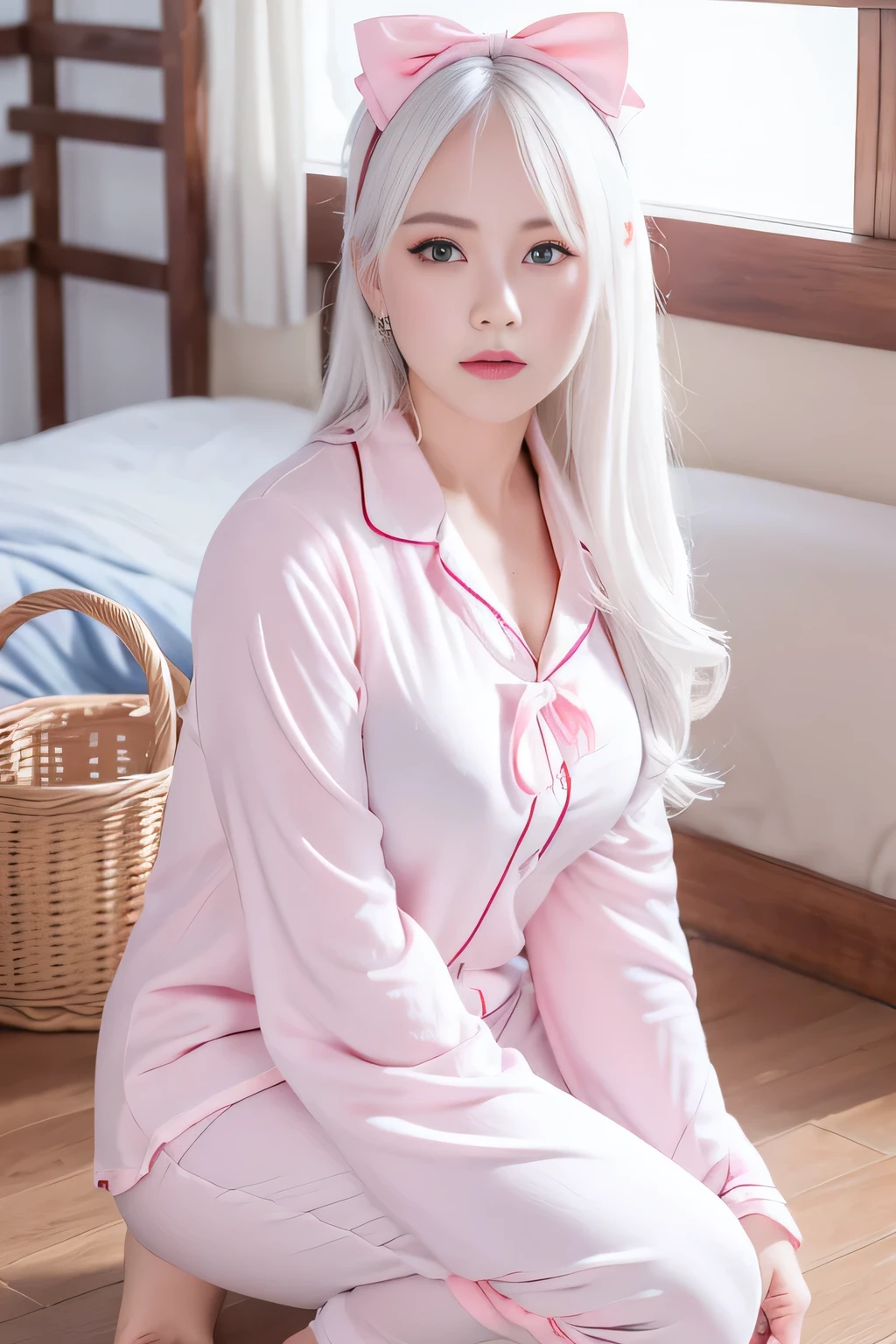Masterpiece, best quality, super detailed, illustration, beautiful detailed eyes, close up, a girl. It is white hair, pink bow, white pajamas. Squat on the ground and rummage through the clothes basket