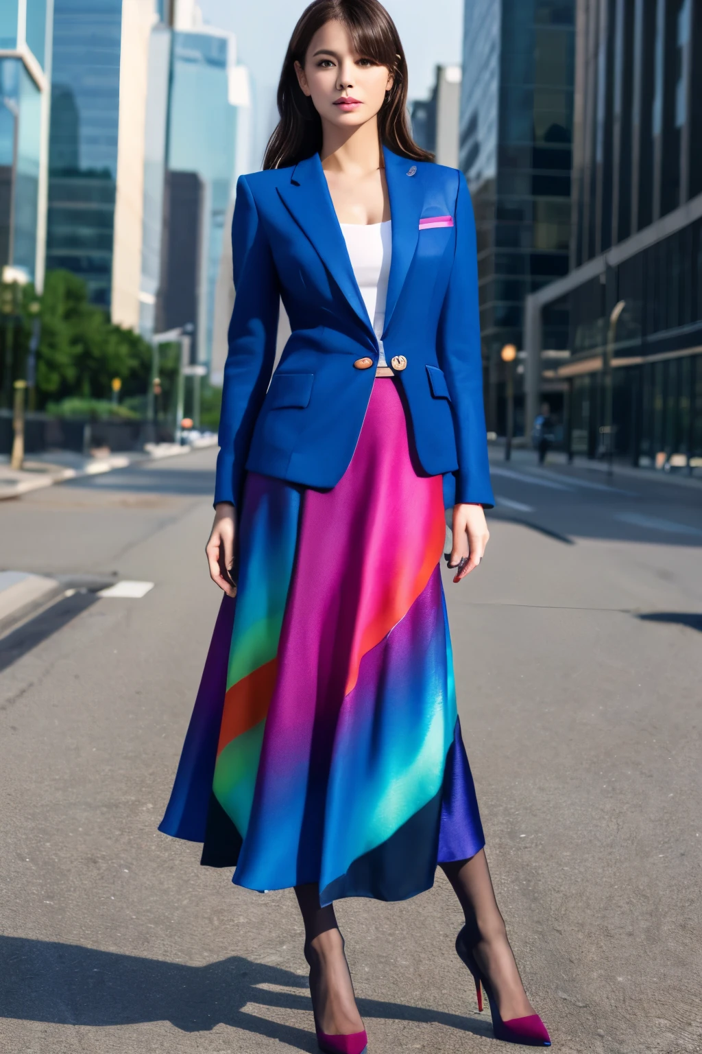 blazer、Business Blouse、(Colorful long skirt:1.3)、(Highest quality、Ultra-high resolution、masterpiece)、(Full Body Portrait)、(silk pantyhose)、(Sitting、Both legs and high heels look beautiful.)、1 girl、Perfect Anatomy, Perfect body, Perfect hands, ((Perfect Face, Perfect Eyes)), Accurate, Anatomically correct, Perfectly clear and sharp focus, Mid-chest、Modern architecture at night on the background、Professional Lighting
