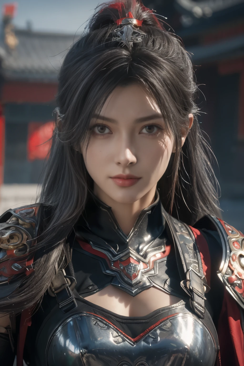 masterpiece,Game Art,Best picture quality,Maximum resolution,8K,(portrait),Unreal Engine 5 rendering works,(Digital Photography),((portrait Feature:1.5)),
20 year old girl,Short hair details,Long bangs,(The red eye makeup is carefully applied),(With long gray hair:1.4),(Large target, Full breasts),Elegance and nobility,Brave and charming,
(The future armor combines the characteristics of ancient Chinese armor,hollow-carved design,Power Armor,Mysterious oriental runes,Exquisite clothing patterns,Magic Flash),Future Warrior,Cyberpunk Characters,War Background,
Movie Lighting，Ray Tracing，Game CG，((3D Unreal Engine))，OC rendering reflection mode