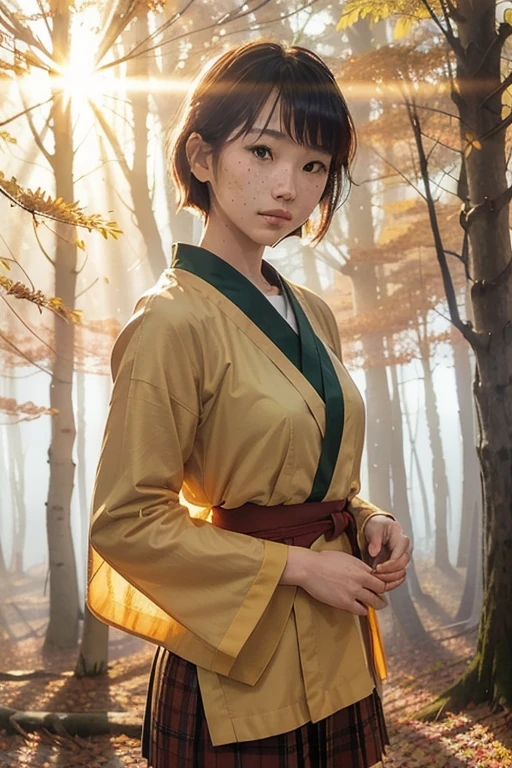 a beautiful japanese college girl with some freckles on her face inspired by hamada hideyaki shot by contax g1 with portra 800 film roll, ((short hair)), ((yellow trees forest)), autumn,scenery:1.25,((intricate scenery)),((autumn forest background)), ((sun rays)), ((front view:1.4))