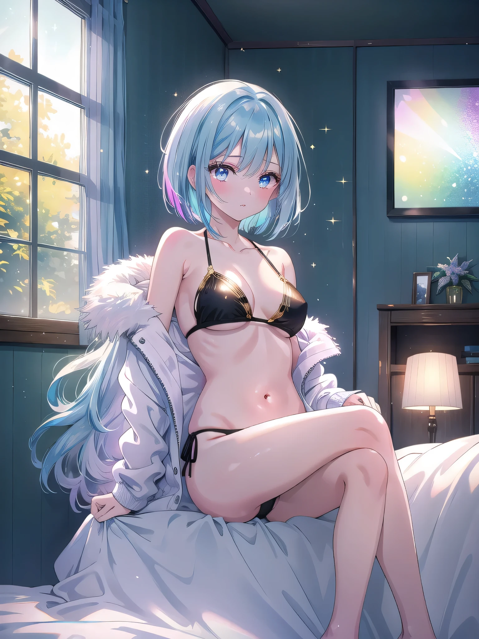 ((8k, Highest quality, masterpiece: 1.3)),Ultra-high resolution,(1 girl, alone), (Color changing eyes, Ultra-detailed, Expressive brilliance, Glitter, Glowing Eyes), Highly detailed eyes, Highly detailed face, Random Hair, ((pastel colour)),A confident young woman with pastel blue hair styled into a sleek bob, standing near her bed during a bright morning. She is wearing a striking black bikini with gold trim. The camera captures her from a slightly low angle as she adjusts her bikini top, her posture straight and her expression focused. As she shifts into another pose, she sits on the bed with her legs crossed, leaning back on her hands while her gaze is directed out the window. The room is filled with natural light, with clean, modern decor that emphasizes her strong, confident presence.

