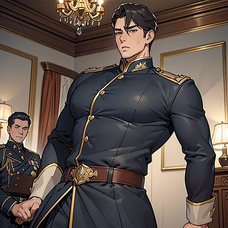 ((A handsome male general stands in a luxurious, dimly lit room. He is dressed in a military uniform that accentuates his muscular build and confidence. The uniform jacket is unbuttoned, revealing a huge manly breast)), NSFW, porn, hentai, ((His expression is intense and commanding)), The soft glow of candlelight highlights the sharp contours of his face and the details of his uniform - creating a sensual and romantic atmosphere,  (The room is decorated with rich, velvet drapes and antique furniture, adding an air of mystery and allure), ((man with huge squishy manly breasts)), ((someone is massaging his huge breasts:0.2)), ((his uniform is so tight it cant hold his huge breasts back)), ((the general drank an aphrodisiac and now feels horny)), 