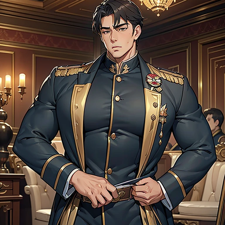 ((A handsome male general stands in a luxurious, dimly lit room. He is dressed in a military uniform that accentuates his muscular build and confidence. The uniform jacket is unbuttoned, revealing a huge manly breast)), NSFW, porn, hentai, ((His expression is intense and commanding)), The soft glow of candlelight highlights the sharp contours of his face and the details of his uniform - creating a sensual and romantic atmosphere,  (The room is decorated with rich, velvet drapes and antique furniture, adding an air of mystery and allure), ((man with huge squishy manly breasts)), ((someone is massaging his huge breasts:0.2)), ((his uniform is so tight it cant hold his huge breasts back)), ((the general drank an aphrodisiac and now feels horny)), 