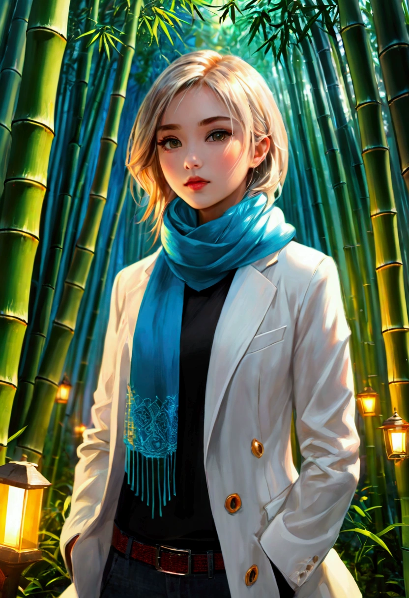 masterpiece，最佳quality，High Aims_quality，High purpose_solution，bamboo forest，(Yellow and Orange:0.4),1 girl，，White prismatic hair，[blue|green]Eye，Glowing white particles，whole body，serious，pink (scarf:1.3), epic background, evening, (HDR:1.5), (Soft colors:1.2), Ultra Detailed, (Art Station:1.5), White blazer, Warm lamps, Dramatic lighting, (Intricate details:1.1), author：Alexandre Calame、Alyssa Monks and Shigeru Ban 