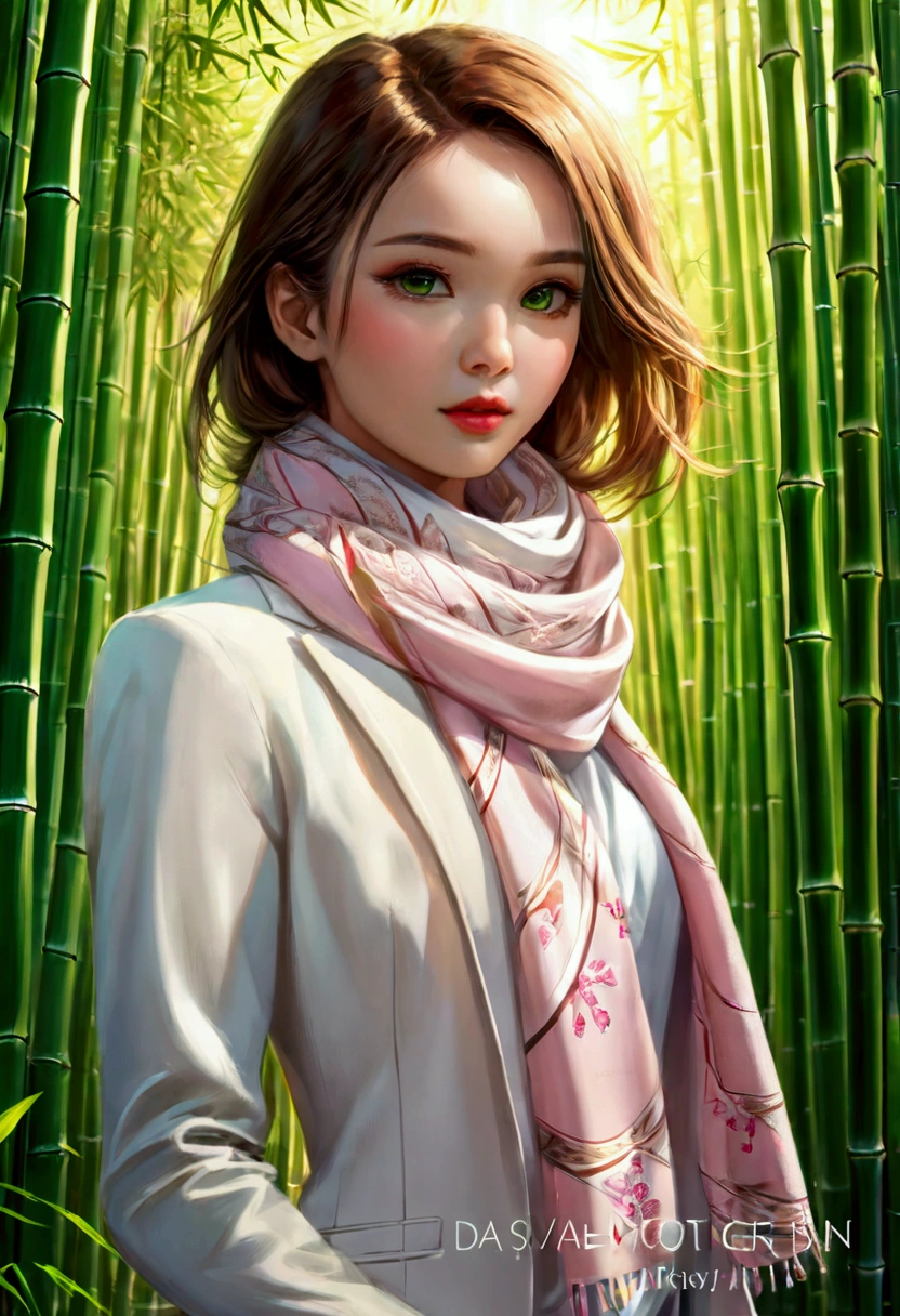 masterpiece，最佳quality，High Aims_quality，High purpose_solution，bamboo forest，(Yellow and Orange:0.4),1 girl，，White prismatic hair，[blue|green]Eye，Glowing white particles，whole body，serious，pink (scarf:1.3), epic background, evening, (HDR:1.5), (Soft colors:1.2), Ultra Detailed, (Art Station:1.5), White blazer, Warm lamps, Dramatic lighting, (Intricate details:1.1), author：Alexandre Calame、Alyssa Monks and Shigeru Ban 