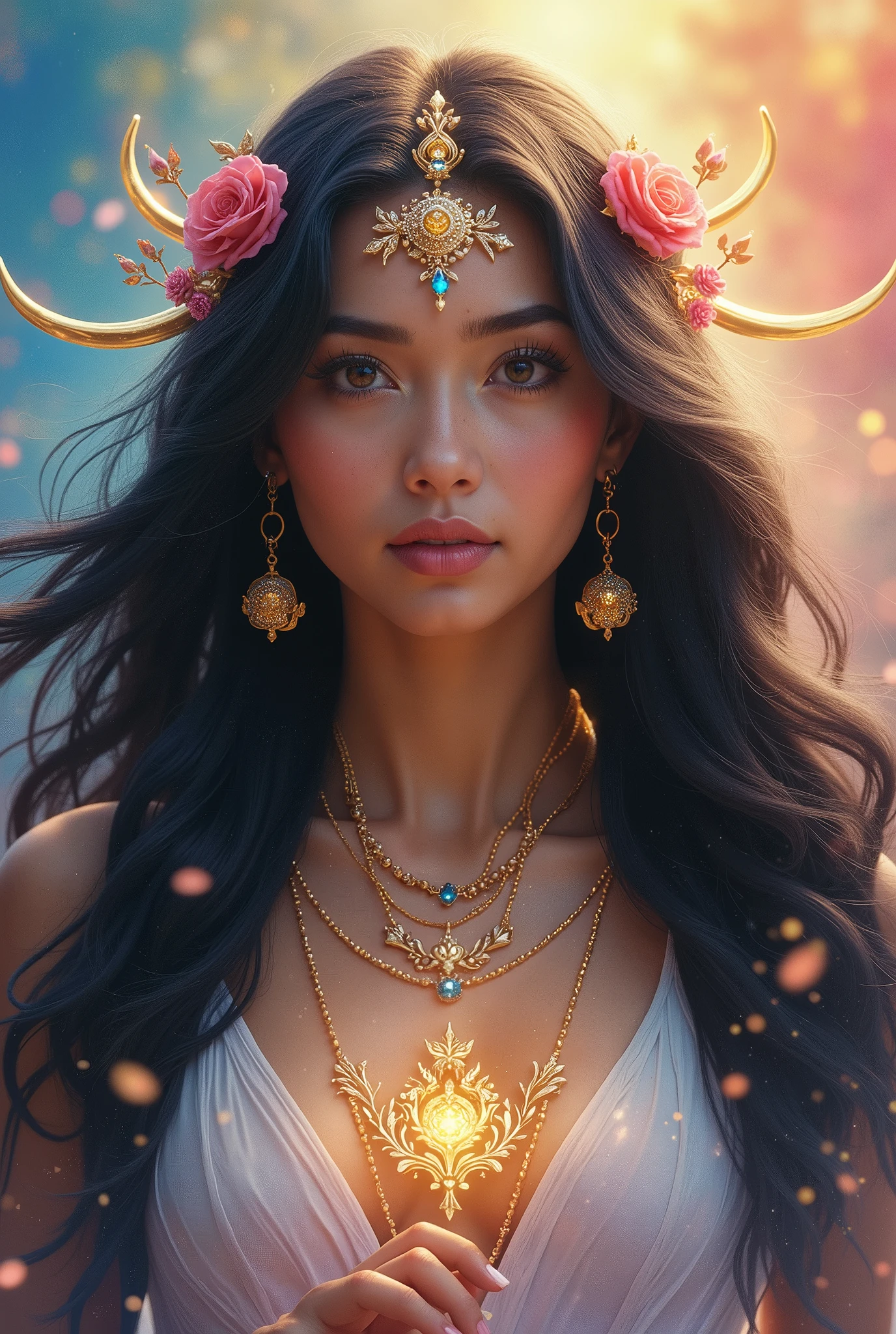 super detailed, realistic, vietnamese goddess, gorgeous detailed eyes, gorgeous detailed lips, shiny black hair, big and beautiful breasts, sparkling ornaments, mysterious aura, sublime beauty, elegant posture, divine light, powerful presence, Surrounding Heaven, bright colors, fairy-tale atmosphere, brilliance, calm expression, transcendent energy, supreme being, legendary figure, queen of heaven, spiritual empowerment, liberated god, Great Goddess, Divine Feminine, unparalleled elegance, Majestic presence, captivating gaze, magical atmosphere, peaceful tranquility, Inspiring brilliance, God's grace, majestic power, eternal silence, Magical amulet, Goddess of Heaven, enchanting beauty, sublime perfection, dreamy atmosphere, enchanting beauty, heavenly divinity
