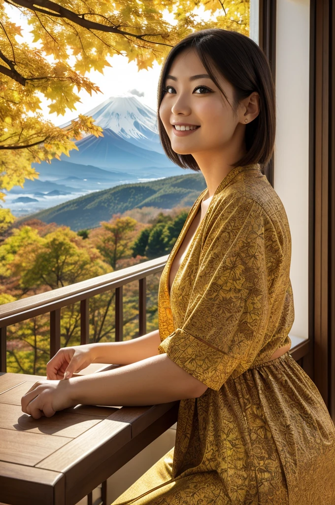 A stunningly beautiful 28-year-old woman, detailed beautiful eyes and face is sitting at a table with a view of the Fuji Mountain with red maple and yellow ginkgo tree leaves. Popular images: Full body shot, eye level, happy expression, facing the camera, soft sunlight.A stunningly beautiful 28-year-old woman, detailed beautiful eyes and face is standing beside window with a view of the Fuji Mountain with red maple and yellow ginkgo tree leaves. Popular images: Full body shot, eye level, happy expression, facing the camera, soft sunlight.
