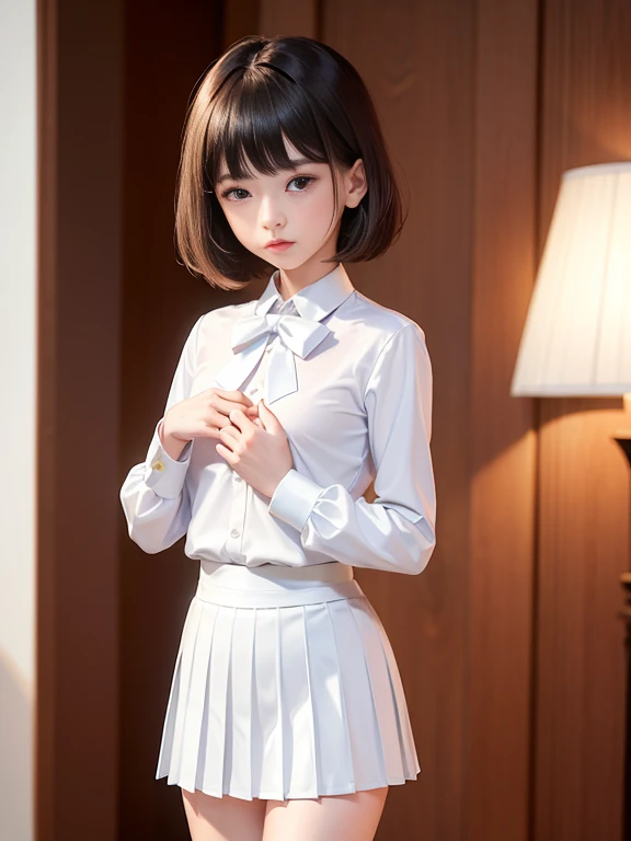 (masterpiece、Highest quality:1.7)、(11 years old:1.5)、(Above the knee shot:1.5)、Bobcut、Black Hair、85mm、16K、Official Art、RAW Photos、Best Beautiful Faces、Close-up、Violet、Gardenia、((The best beautiful girl、very cute))、Red blush on cheeks、indoor、(Are standing:1.8)、Film Grain、Chromatic Aberration、Sharp Focus、(((Nice hands、Perfect hands、Perfect Fingers、Thin and delicate fingers、A perfect body without flaws)))、Detailed face、(Slender body:1.5)、(Slender body:1.4)、(Slim upper body:1.4)、(Small breasts:1.8)、(Let your bangs hang down:1.8)、(Blushing:1.8)、(Low contrast lighting:1.2)、(White tight business blouse with collar:1.5)、(White bow tie blouse:1.4)、(Long sleeve: 1.3)、(A very short white pleated mini skirt:1.8),(Holding his chest with his palm:1.5)、Low angle from below
