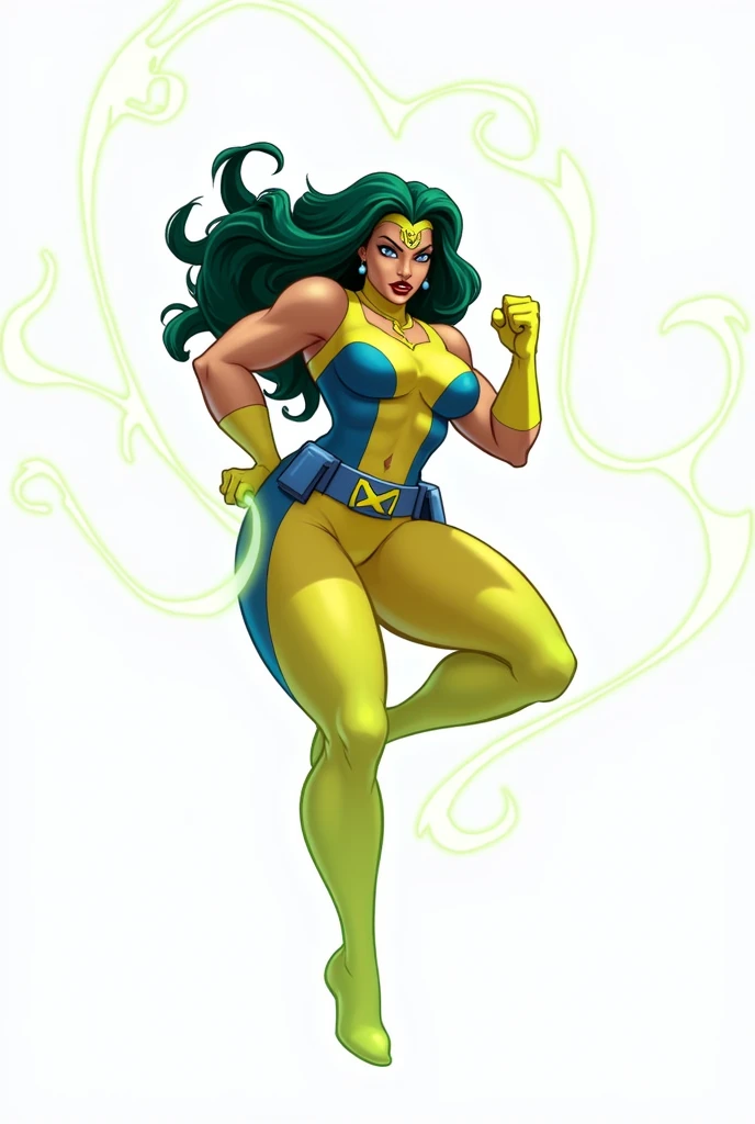 (Lorna Dane, polaris x-men, (attack pose:1.4), (busty and voluptuous body), (naked arms), (green thick wavy long hair:1.4), (huge breast:1.6), wearing a blue costume, big yellow in the chest and stomach, with yellow xmen belt, (blue glowes), yellow boots, (she's surrounded by a green energy:1.5), (pixel art style:1.4)