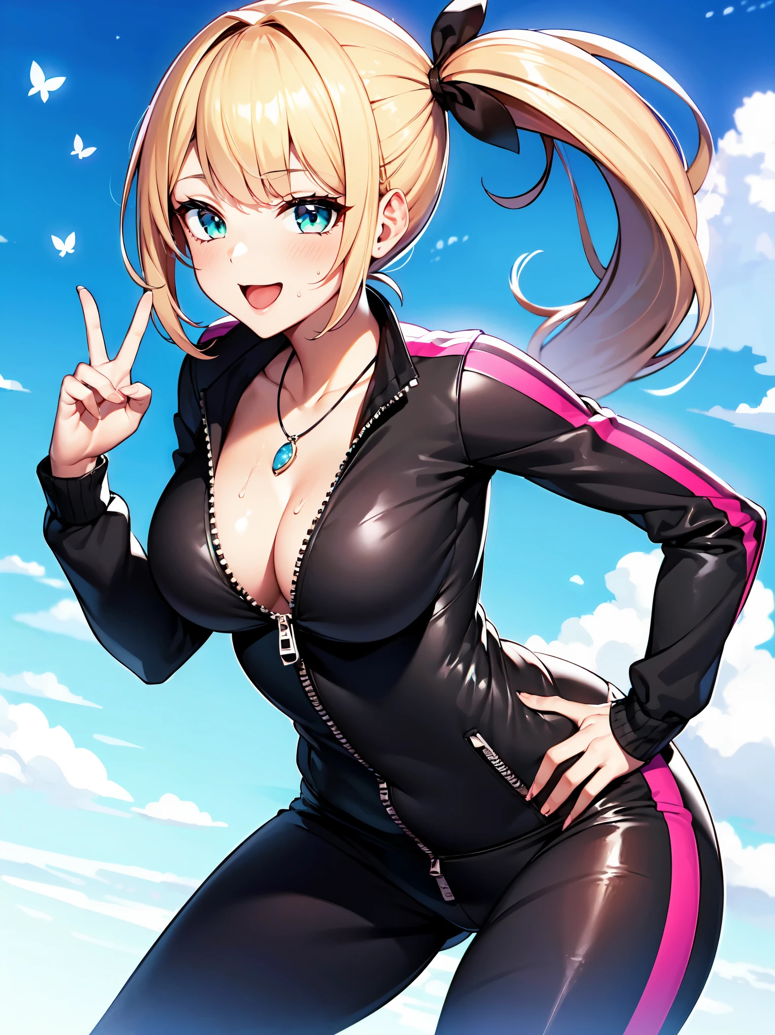 ((super high quality,Ultra-high resolution,16K,super masterpiece,Ultra HD,Ultra high definition:1.3,))One Girl,(Blonde:1.5,Short wavy hair:1.3),Short Side Ponytail,(Black-purple hair tie shaped like a butterfly:1.4,)Emerald eyes,Cleavage,((She is naked and wearing a shiny pink sweatsuit with an open chest.:1.5,)Tight collar,Large collar,Zipper from neck to navel:1.3,Fine zipper,sexly,)(light blue butterfly necklace:1.2,)Smiling happily at the camera,Closing one eye and making a peace sign,Place one hand on hip,leaning forward with her body angled forward,sweating all over,Angle looking up from below,a blue sky with clouds and sun,