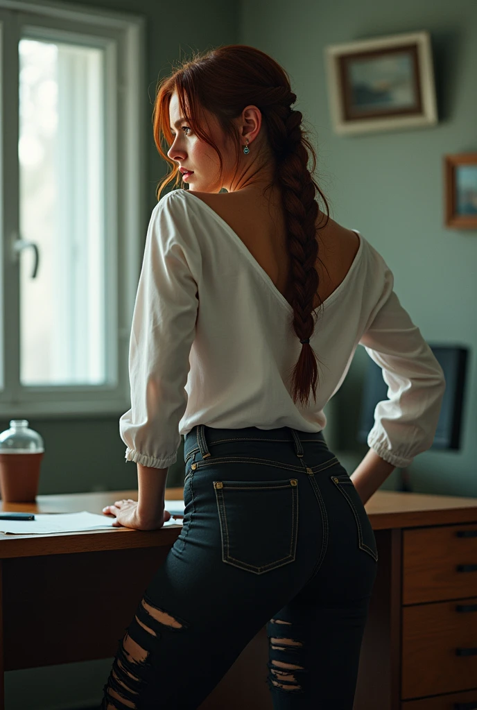 ((best quality)), ((masterpiece)), (detailed), perfect face, 1girl, busty women in her thirties, dark auburn hair with braids, hazel eyes, wearing white shirt, tight black pants, black shoes, bending over a desk , torn stockings, spreading own legs, looking over her shoulder at the viewer, flushed cheeks, embarressed expression, soaked clothes, open mouth, office, back view, viewer looking at her from the back