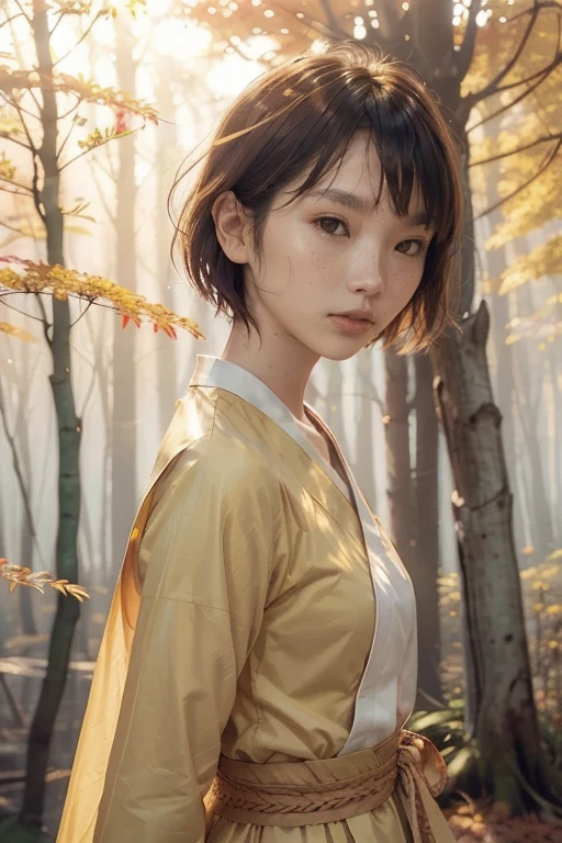 a beautiful japanese college girl with some freckles on her face inspired by hamada hideyaki shot by contax g1 with portra 800 film roll, ((short hair)),  ((yellow trees forest)), autumn,scenery:1.25,((intricate scenery)),((autumn forest background)), ((sun rays)), ((front view:1.4))