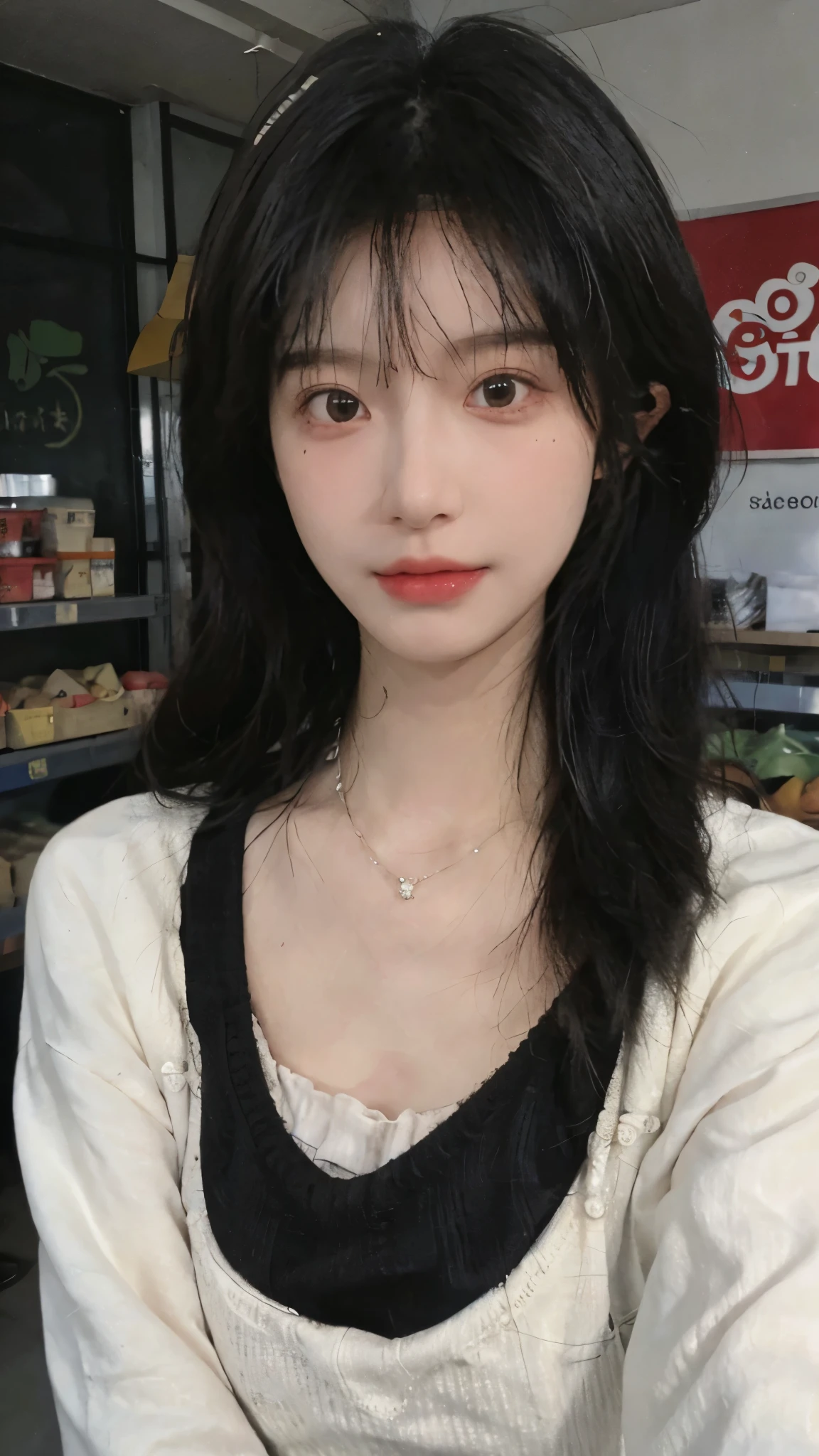 Best quality，Ultra-high resolution,(Realism:1.4)，Cute hairpins，girll,Cropped black sweater，Look directly at the audience，Full of atmosphere，Beautiful woman with a slim figure:1.4，supermarket，whole body，Super delicate face，Exquisite eyes，Double eyelids，necklace