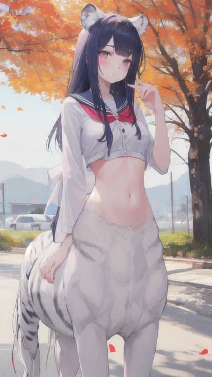 (best quality, masterpiece), 1 girl, centaur, I beg, White skin, Korean schoolgirl,black pink, exposing the abdomen, beautiful girl perfect, White tiger photo, 완벽한 White tiger photo