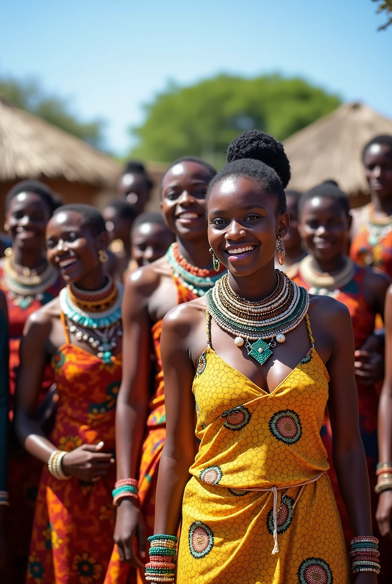 African villagers with smiles dressed in Africa traditional dresses wearing bits round their neck and hands