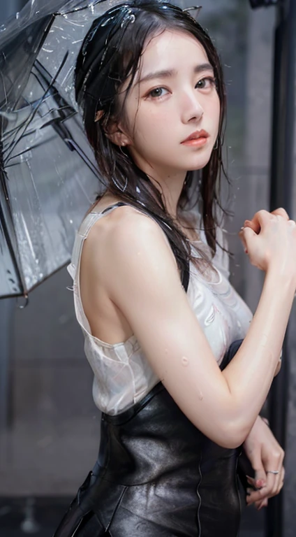 (Highest quality, 4K, masterpiece :1.3), Beautiful woman, One person, sexy :1.1, Black Hair: 1.1, (It rained and I got wet, Raindrops, Wet body :1.2), White see-through tank top, Highly detailed face, Detailed lips, Detailed eyes, Condensed milk overflows from the mouth、