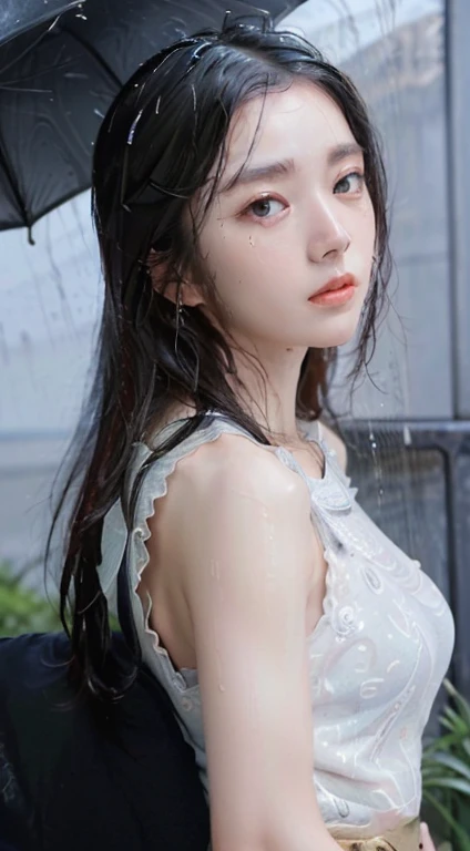 (Highest quality, 4K, masterpiece :1.3), Beautiful woman, One person, sexy :1.1, Black Hair: 1.1, (It rained and I got wet, Raindrops, Wet body :1.2), White see-through tank top, Highly detailed face, Detailed lips, Detailed eyes, Condensed milk overflows from the mouth、