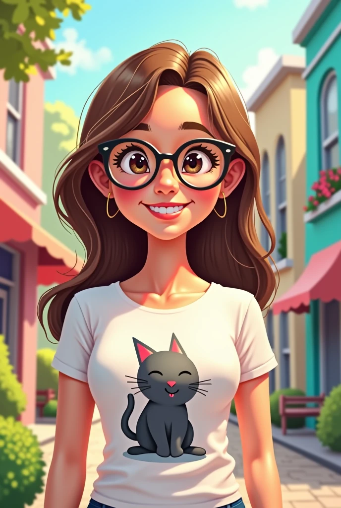 cartoon woman, straight light brown hair, dark brown eyes, glasses, wearing a t-shirt with a grey cat drawn on it