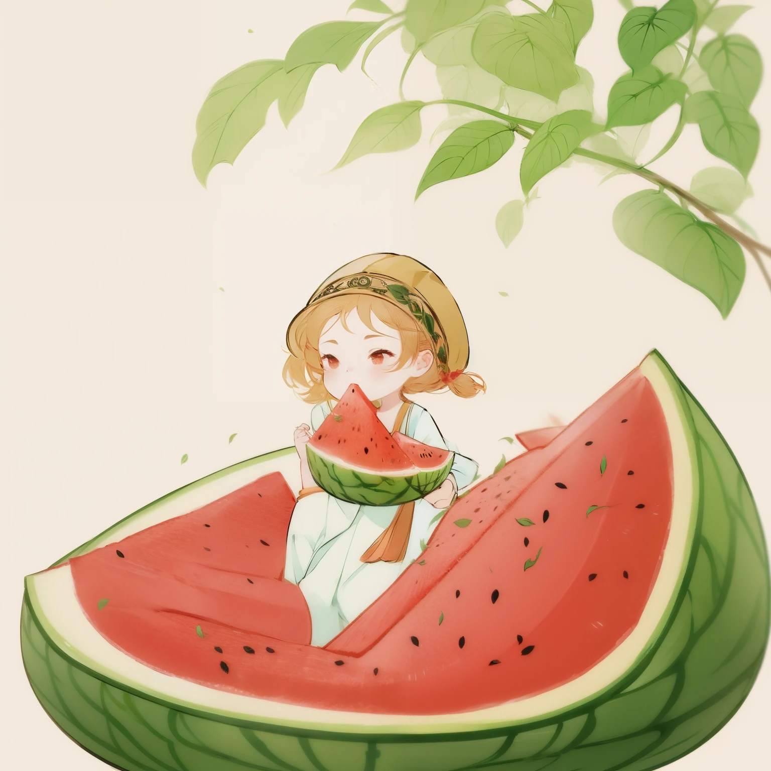 Girl eating watermelon，Summer feeling