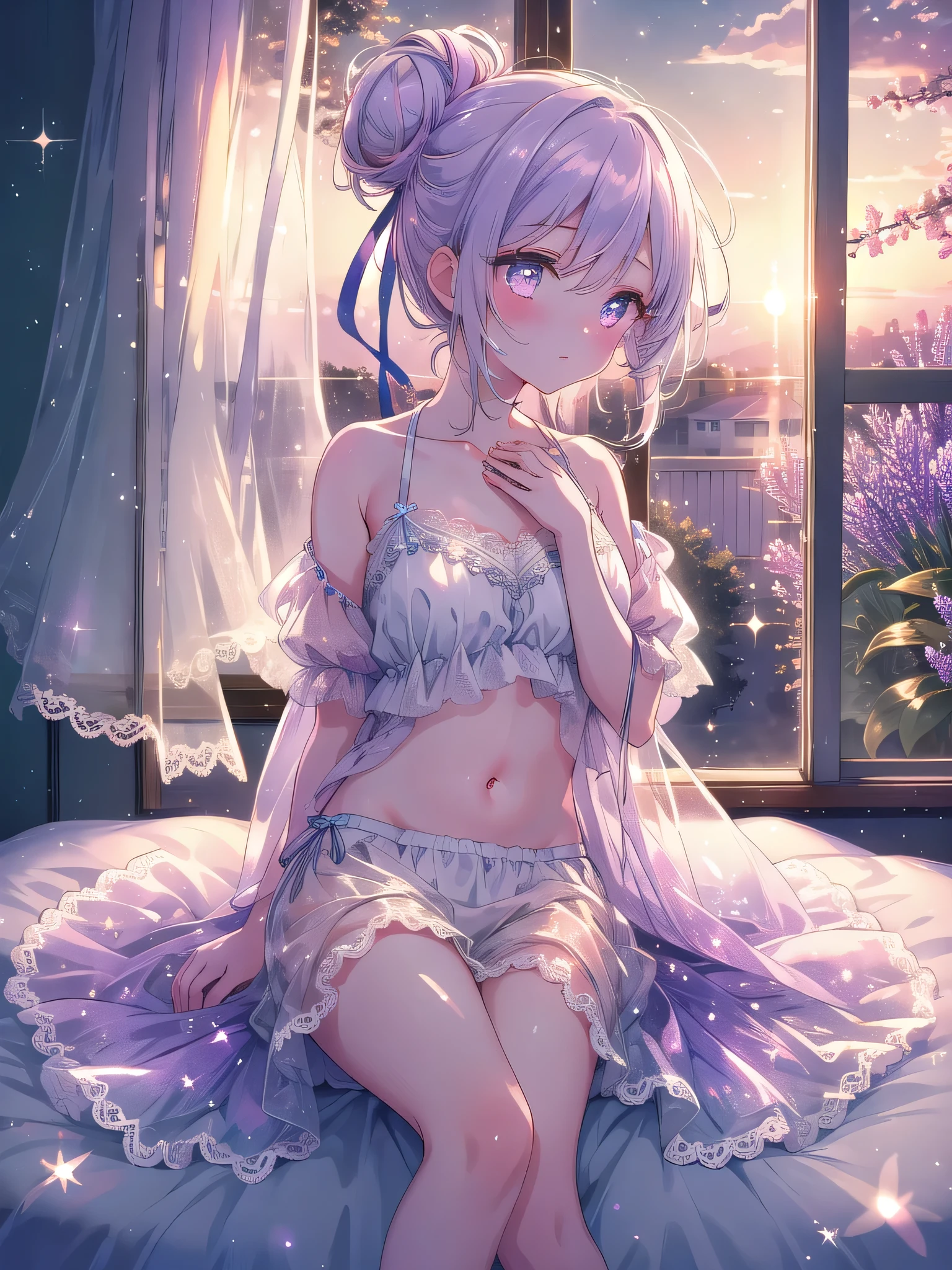 ((8k, Highest quality, masterpiece: 1.3)),Ultra-high resolution,(1 girl, alone), (Color changing eyes, Ultra-detailed, Expressive brilliance, Glitter, Glowing Eyes), Highly detailed eyes, Highly detailed face, Random Hair, ((pastel colour)),A dreamy young woman with pastel lavender hair styled into a messy bun, sitting on the windowsill of her softly lit bedroom during a quiet evening. She is wearing a delicate white bikini with lace accents. The camera captures her from behind as she gazes out the window, her legs slightly parted, creating a relaxed pose that emphasizes her elegant figure. As she turns to face the camera, she crosses her legs at the ankles, leaning back on her hands while her expression is soft and contemplative. The room is dimly lit by the fading sunset, with a gentle breeze blowing through the curtains, adding to the tranquil and serene atmosphere.