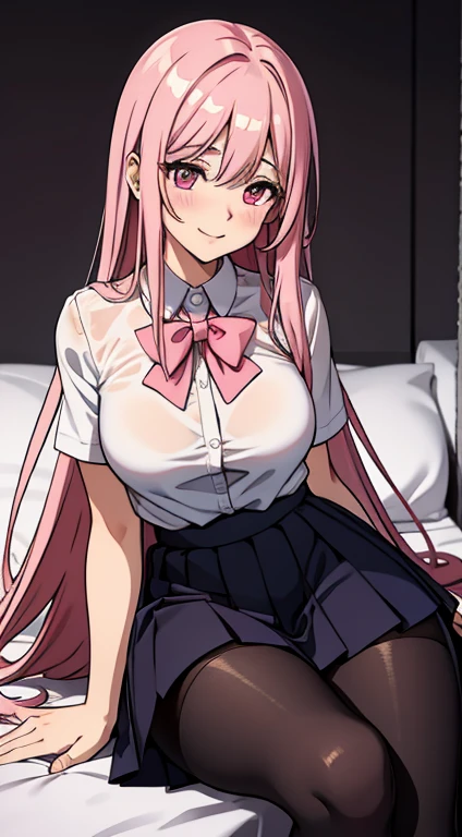 elysia, long pink hair, beautiful face,smiling,close up upper body, ,pantyhose, school girl, moderate breast, black tights, skirt, (open mouth:0.4),illustration,detailed textures(realists),ultra-detailed,vivid colors,soft lighting, blushing, mature, no bras, full body, sexy, blushed, lying on bed, she leans in