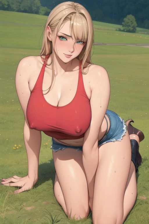 (masterpiece), (best quality), 1girl, (perfect face:1.2), (beautiful face:1.2), platinum blonde hair, looking at viewer, pose,
best picture quality, masterpiece, 4K, high quality, one cool adult woman. The woman has brown hair. Her hair is straight, long hair, bangs, side-swept. Long slit eyes, green eyes,
Model like beauty, perfect proportions. Perfect legs. Perfect arms. Tank top, navel-grazing look, hot pants. High heels.
A woman is on all fours in a grassy meadow. A large dog is covering her back. Silk underwear. Full body. Perfect hands and legs. Beautiful body, beautiful legs. Beautiful hands. Perfect body, perfect legs. Perfect hands. Cowboy shot
Woman's sweaty, wet, scantily clad, visible breasts and erect nipples. Sweat is soaking through.
The woman blushes and smiles mischievously.
One cool adult woman and one big dog. Tank top, hot pants.
(Heck of a short skirt).
(A very short skirt).