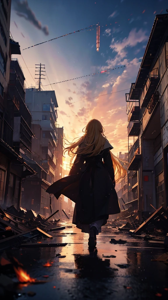 １people々々々々々々々々々々,Blonde long-haired woman，Long coat， Dress Silhouette， Rear View， Anime Style, Looking down at the city buried in rubble from the rooftop.，Collapsed building，Seeing missiles cover the sky，