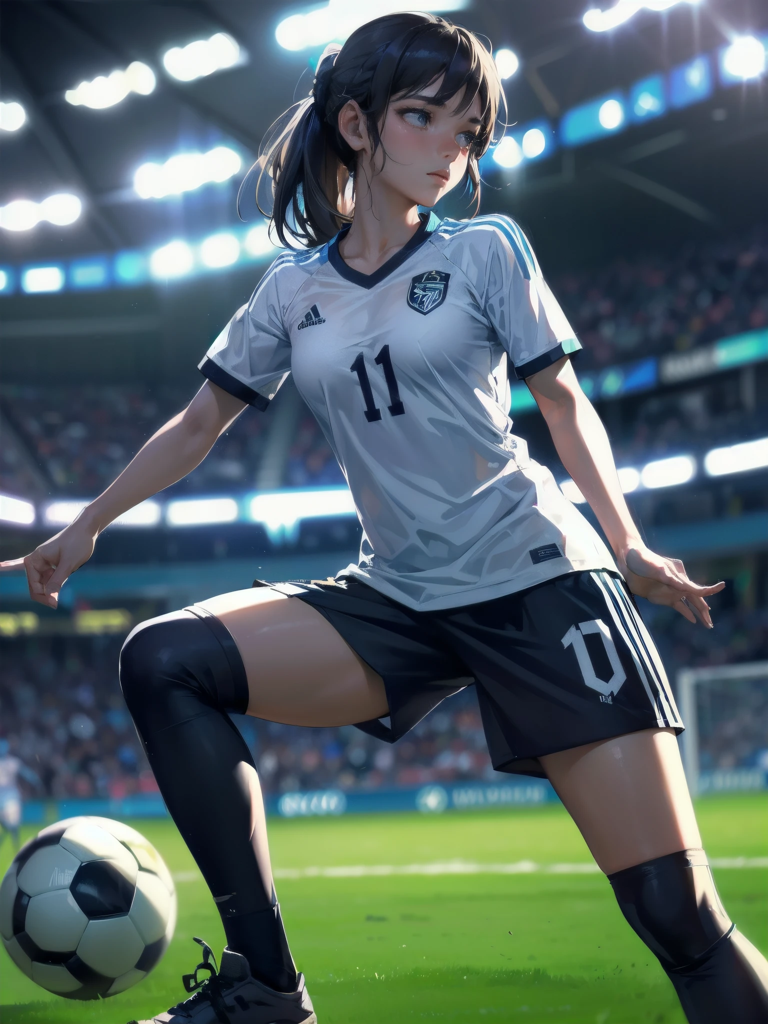 masterpiece, (textured skin), best quality, gorgeous beautiful girl, (a female soccer athlete), detailed clothes,large ,narrow waist,, (beautiful face), cinematic lighting, (at soccer venue ),