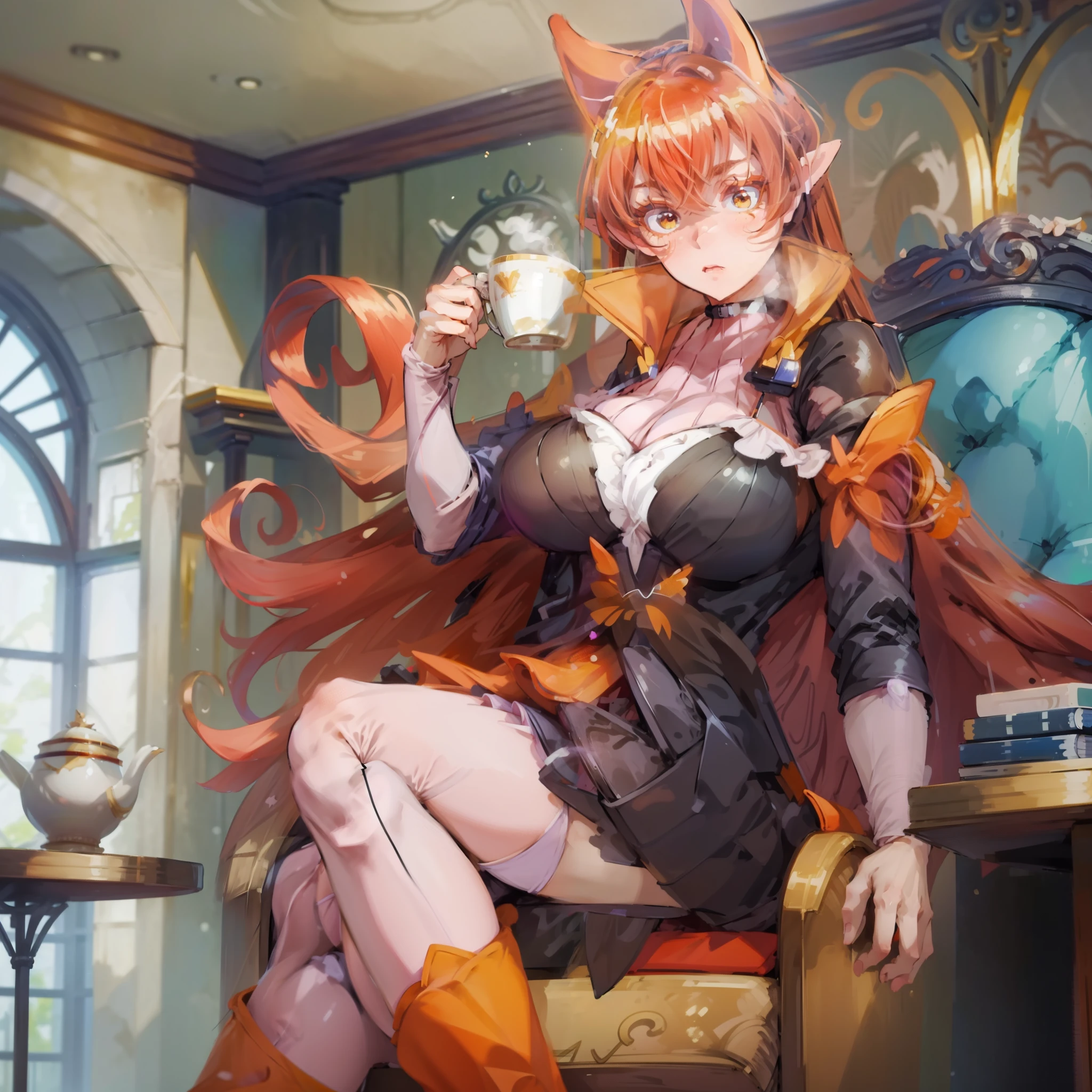 8k, Highly Detailed, Masterpiece, source_anime, best quality, clear face, thoughtful expression face, beautifully detailed eyes and beautifully detailed hair, 1girl, solo, Azazel Ameri, full body, female character with long, flowing, reddish-brown hair and fox-like ears, The character is dressed in a form-fitting, black and white top with a short, orange skirt that has petal-like layers. She is also wearing thigh-high white stockings and orange boots, big breasts, sits in a chair, there is a tea table next to it, and a mug of tea on the table, The overall color palette includes warm tones, with a focus on the character's vibrant hair and outfit, holding a cup of tea in her hand, sits in a beautiful chair, the chair has a large luxurious back, part of the chair is visible at the bottom right, chair base and legs, sits in a chair, sits in a beautiful chair, the chair has a large luxurious back, part of the chair is visible at the bottom right, chair base and legs, the armrests at the bottom right continue and flow into the back of the chair, On the table to the right there are several novels in pink bindings, ((robe with black sleeves)), The left arm is bent and it holds a cup, There is an antique clock hanging on the wall