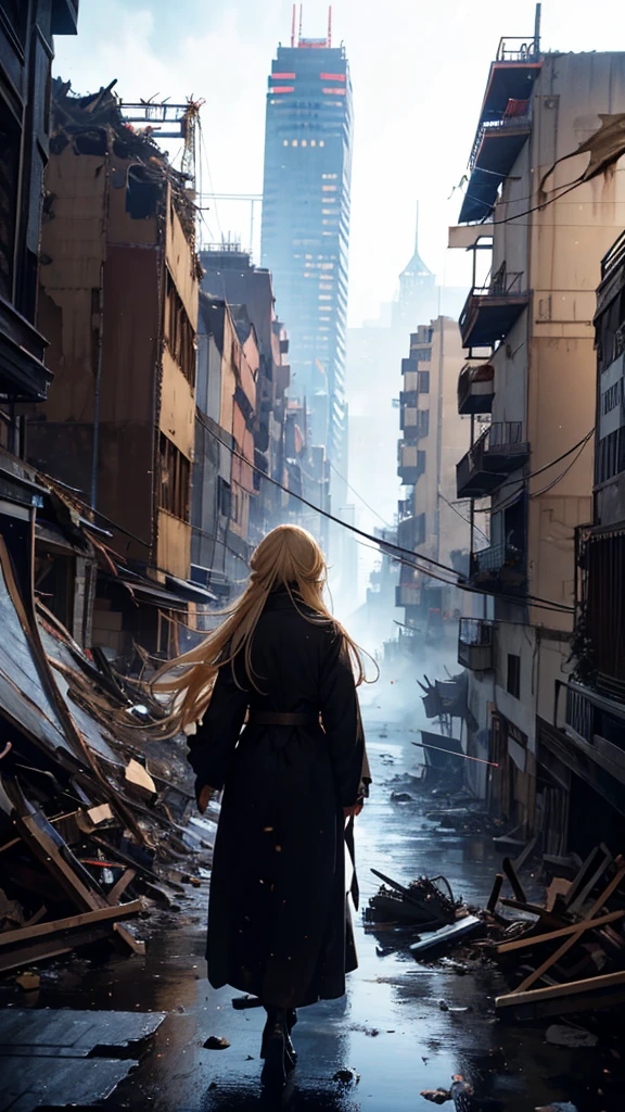 1people々々々々々々々々々々,Blonde long-haired woman,Long coat, Dress Silhouette, Rear View, Anime Style, Looking down at the city buried in rubble from the rooftop.,Collapsed building,Seeing missiles cover the sky,