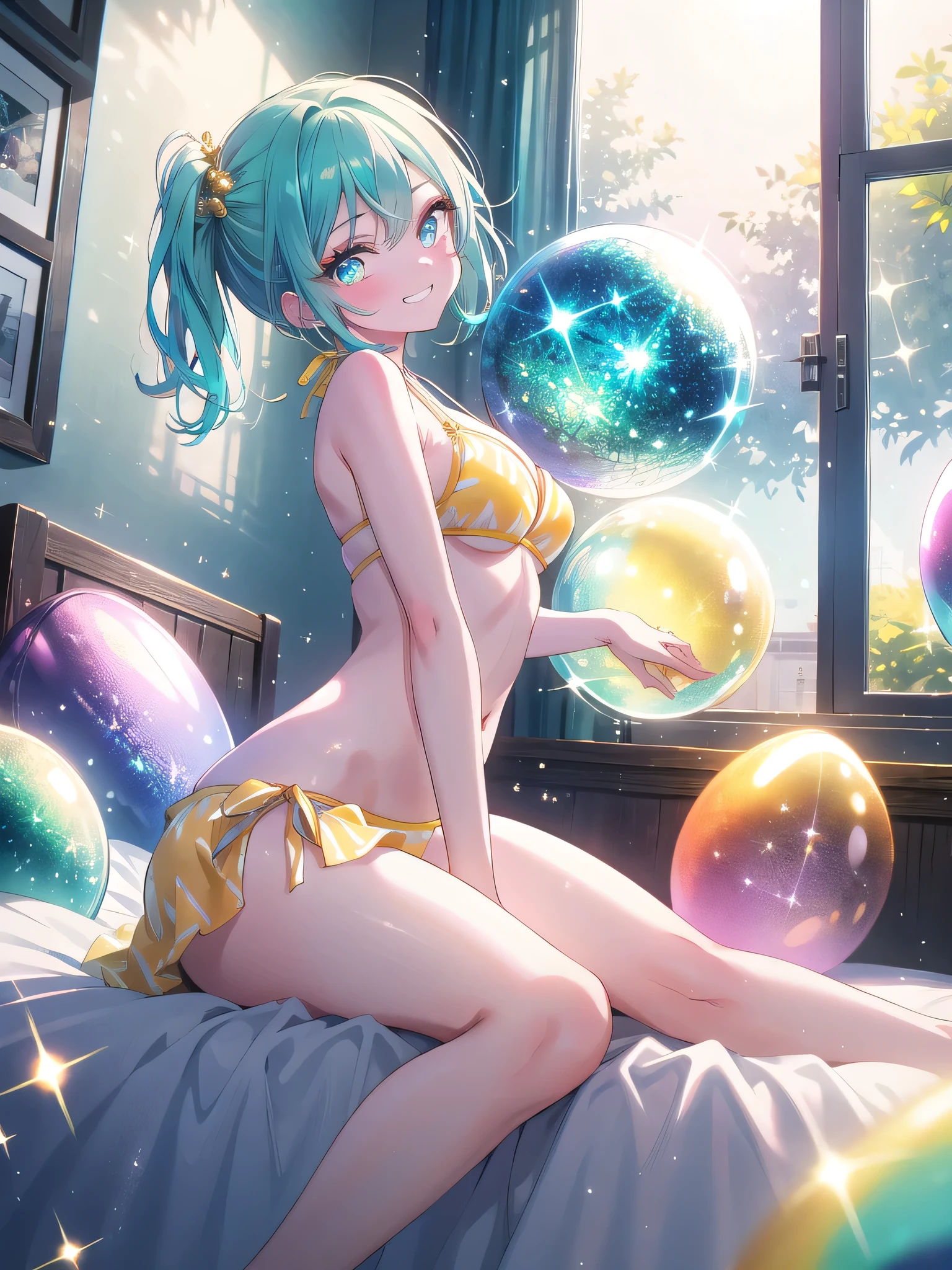 ((8k, Highest quality, masterpiece: 1.3)),Ultra-high resolution,(1 girl, alone), (Color changing eyes, Ultra-detailed, Expressive brilliance, Glitter, Glowing Eyes), Highly detailed eyes, Highly detailed face, Random Hair, ((pastel colour)),A playful young woman with pastel teal hair styled into twin ponytails, sitting at the edge of her bed during a lively midday. She is dressed in a vibrant yellow bikini that shines in the sunlight. The camera captures her from a low angle as she sits with one leg tucked under her and the other stretched out, leaning slightly back on her hands while grinning at the camera. As she shifts into another pose, she lies on her side, propping her head up with one hand while her other hand rests on her hip. The room is filled with natural light, with cheerful, bright-colored decor creating a vibrant and joyful atmosphere.