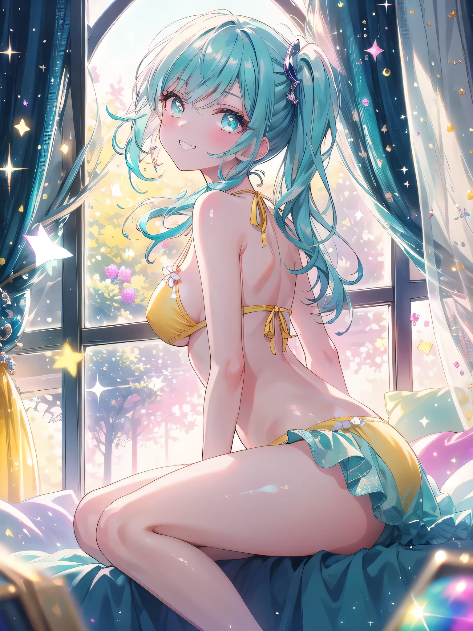 ((8k, Highest quality, masterpiece: 1.3)),Ultra-high resolution,(1 girl, alone), (Color changing eyes, Ultra-detailed, Expressive brilliance, Glitter, Glowing Eyes), Highly detailed eyes, Highly detailed face, Random Hair, ((pastel colour)),A playful young woman with pastel teal hair styled into twin ponytails, sitting at the edge of her bed during a lively midday. She is dressed in a vibrant yellow bikini that shines in the sunlight. The camera captures her from a low angle as she sits with one leg tucked under her and the other stretched out, leaning slightly back on her hands while grinning at the camera. As she shifts into another pose, she lies on her side, propping her head up with one hand while her other hand rests on her hip. The room is filled with natural light, with cheerful, bright-colored decor creating a vibrant and joyful atmosphere.